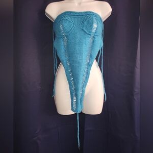 Knitted Blue Medium Asymmetrical Crop Tube Top